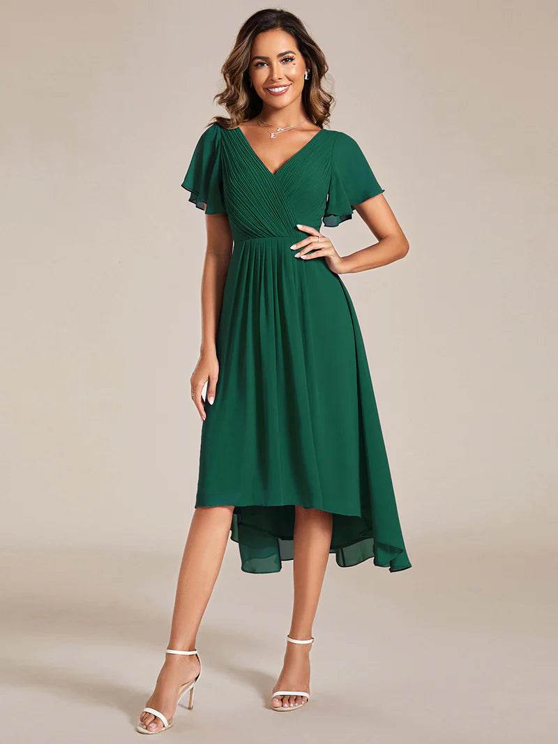 Pleated Ruffle Chiffon Wedding Guest Dress – Elegant Flowy Gown - Biamonde